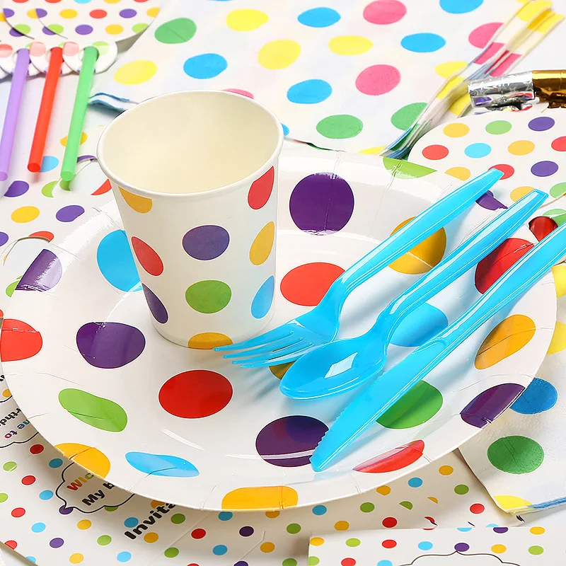 Children\'s birthday color polka dot theme party set, paper napkins paper cups paper plate picnic disposable cutlery party decora