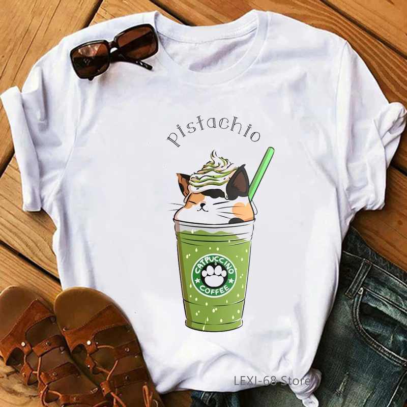 Cute Christmas cat coffee printed funny animal women t shirts summer top female 90s streetwear tumblr tshirt femme graphic tees