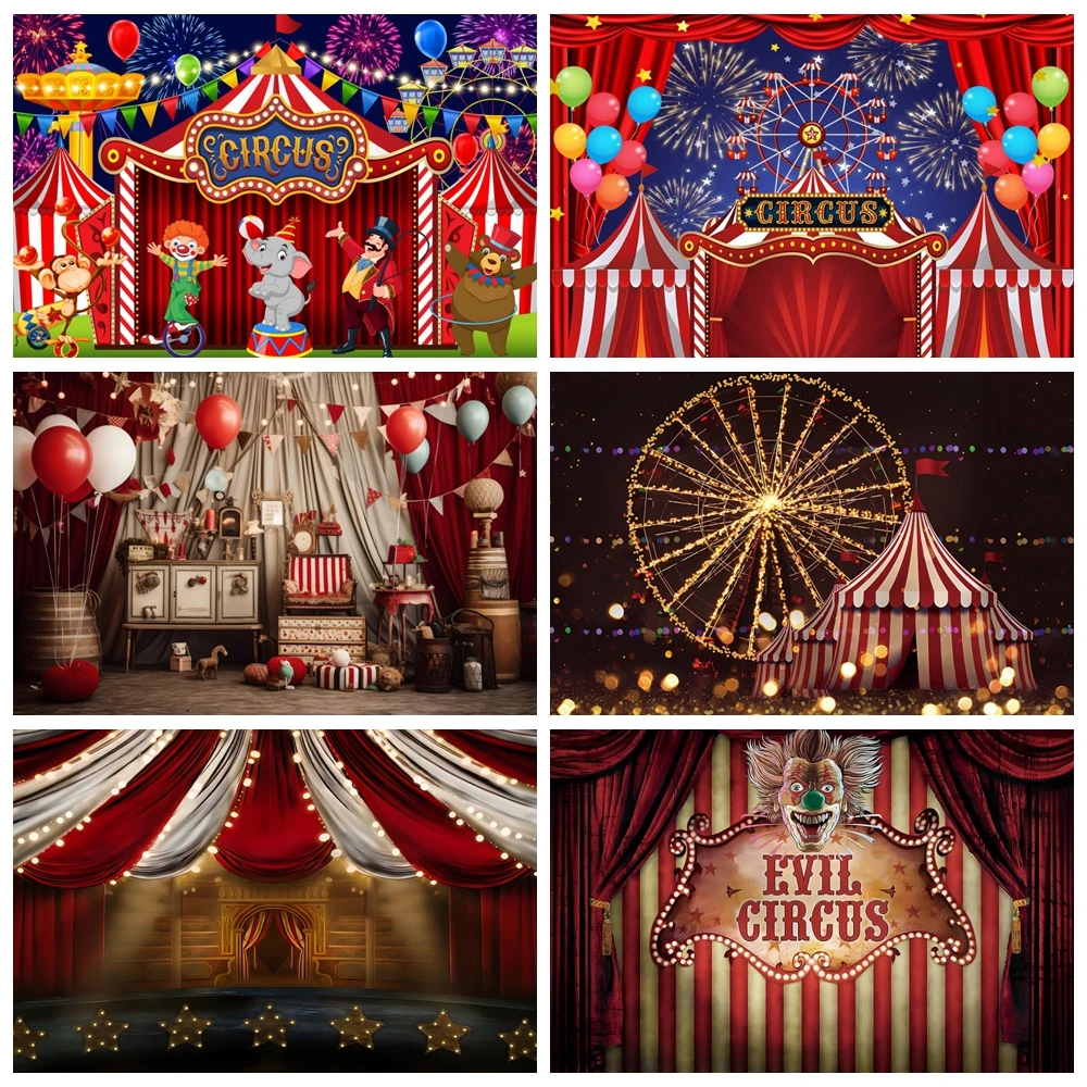 

Circus Theme Photography Backdrop Circus Carnival Tent Ferris Wheel Balloon Elephant Clown Baby Birthday Background Photo Studio