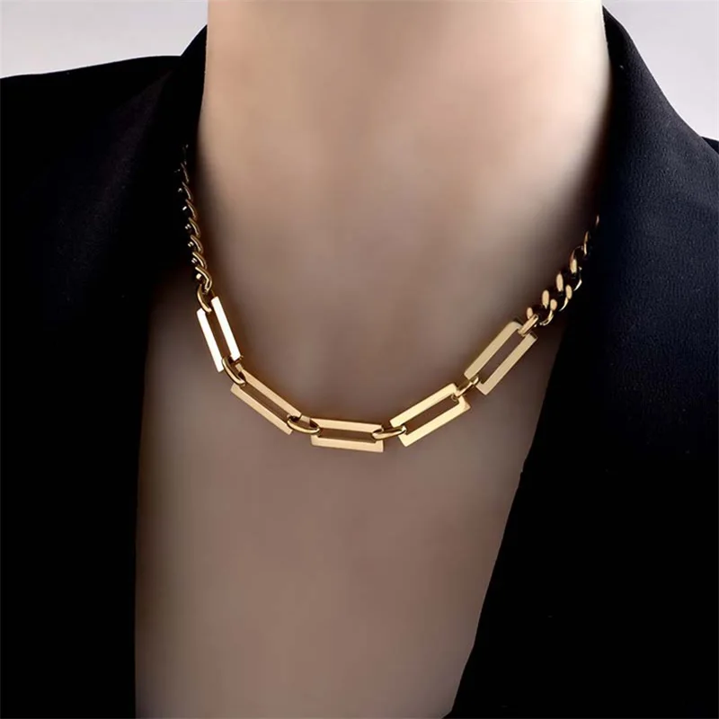 DIEYURO 316L Stainless Steel Gold Color Geometric Chain Necklace Bracelets For Women Girl New Fashion Non-fading Jewelry Set