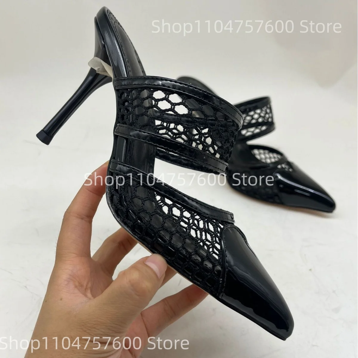 

2025 Women's Black Mesh Pointed Toe High Heel Mules Hollow Out Design Stiletto Heel Elegant Breathable Parties Ladies Slippers