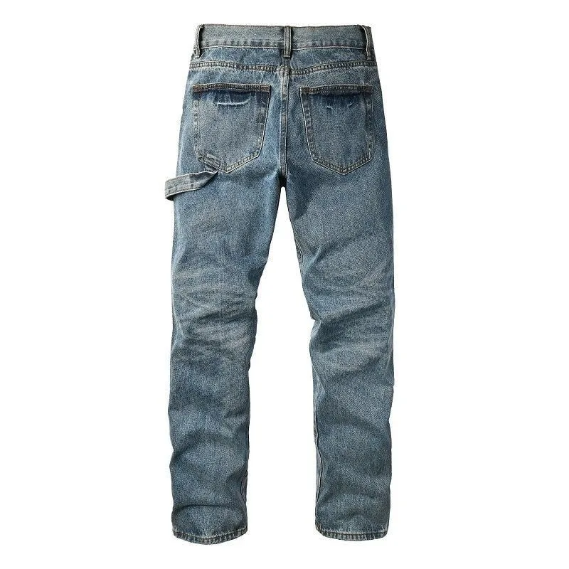 Men Streetwear Vintage Blue Wash Jeans Knee Mesh Patch Rivet Decor Straight Work Denim Pants
