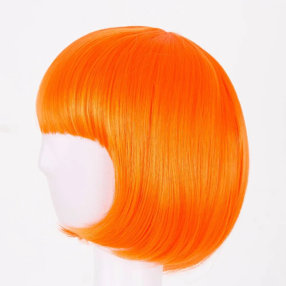 Fei-Show Short Wavy Wig Flat Bangs Bob Orange Hair Synthetic Heat Resistant Halloween Party Salon Costume Cos-play Hairpiece