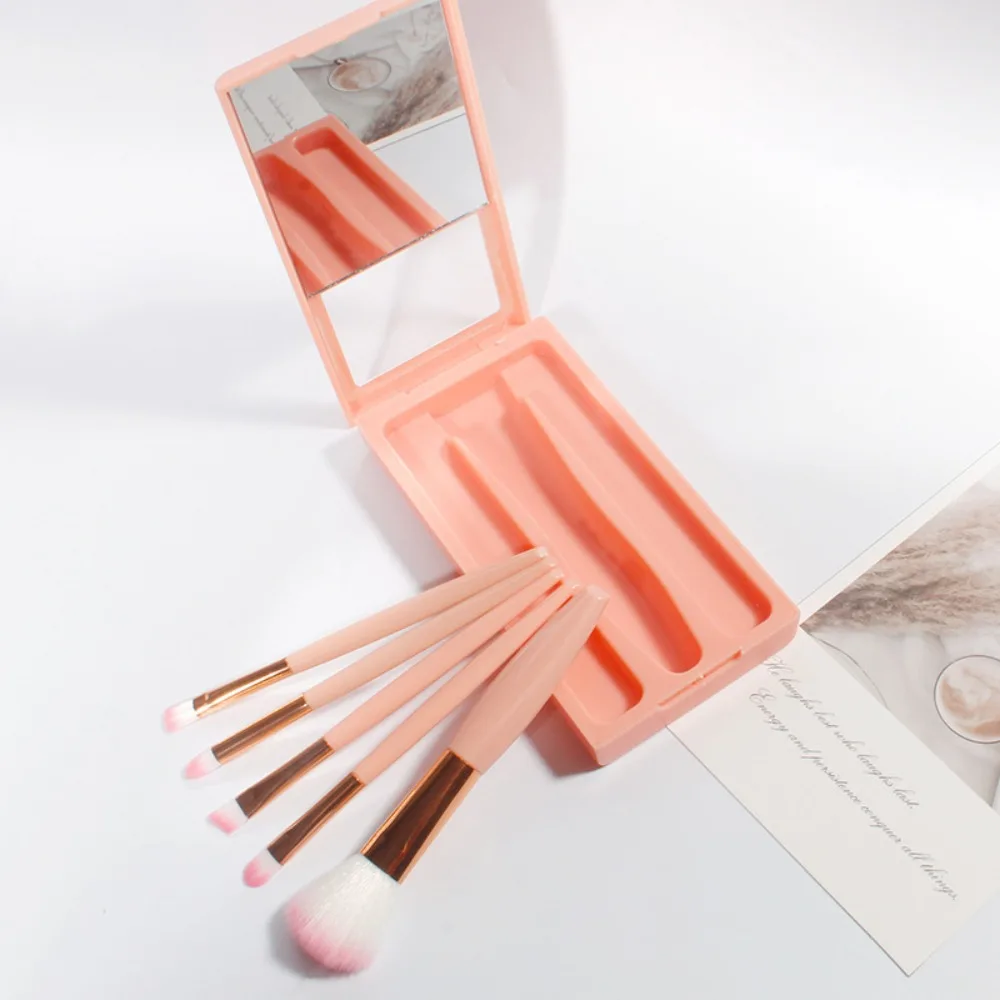 5Pcs High Quality Portable Makeup Brush Set with Mirror Mini Travel Case Multifunctional Cosmetic Kit Outdoor