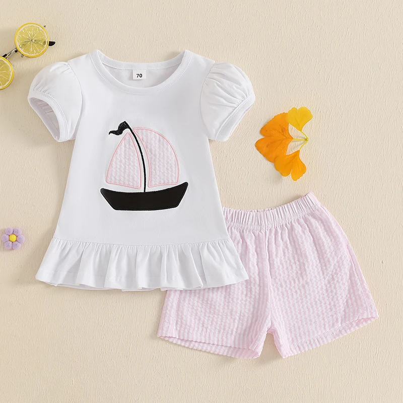

Toddler Infant Baby Girls Clothes Suits Short Sleeve Sailboat Embroidery Tops + Shorts Summer Newborn 2Pcs Clothing Set