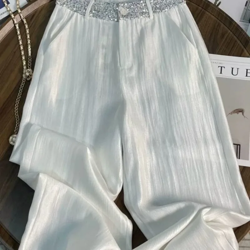 White Pants for Women Summer Thin Design Sense Heavy Sequined High-waisted Slimming, Drape Wide-leg Pants Casual and Fashionable