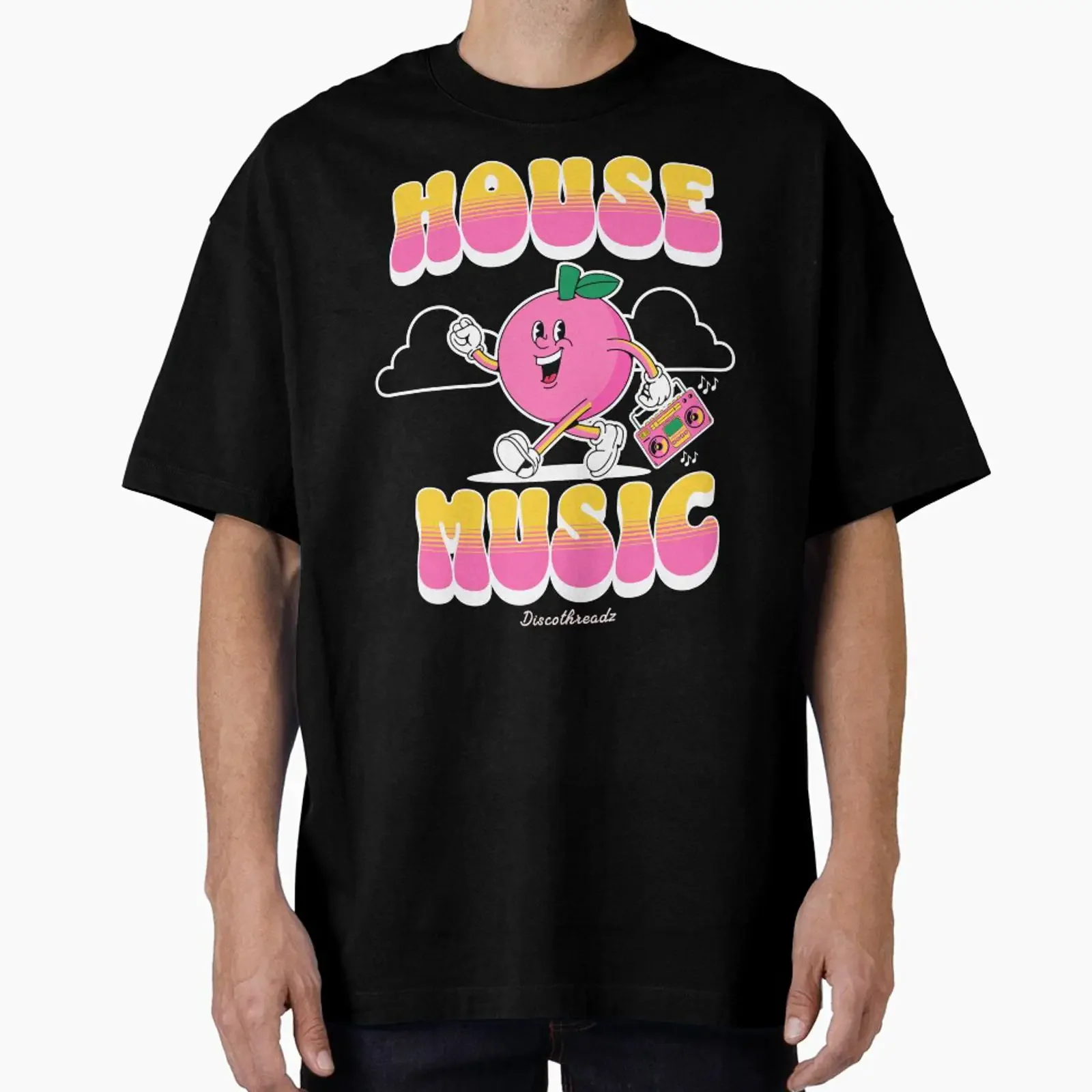 HOUSE MUSIC Cherry Blaster White Oversized T Shirt vintage Washed Stretched streetwear Unisex Stylish Versatile Breathable