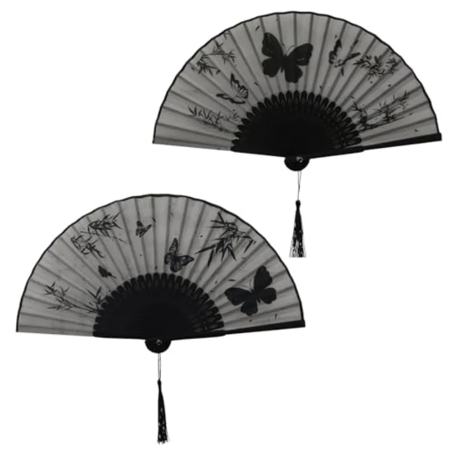 

2Pcs Handheld Fan Foldable Folding Hand Fans for Women Dancing Party Cosplay Wedding, Black Frame, Butterfly Pattern