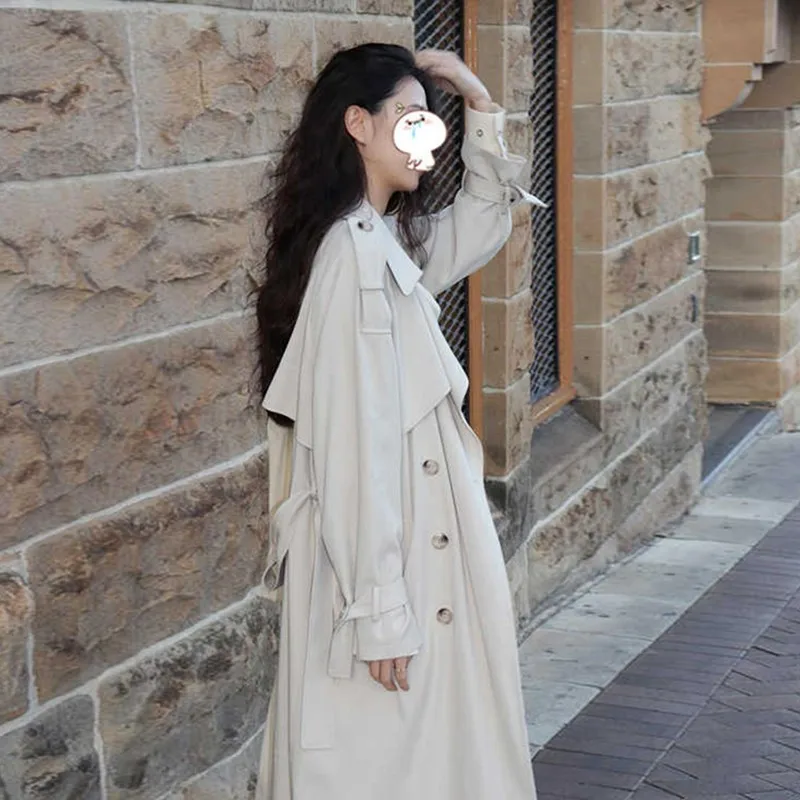 

Black Trench Coat Woman Windbreaker For Girls Topstitched Unique V-Collar Art Elegance Overknee Tie-Dye Embellished Tweed