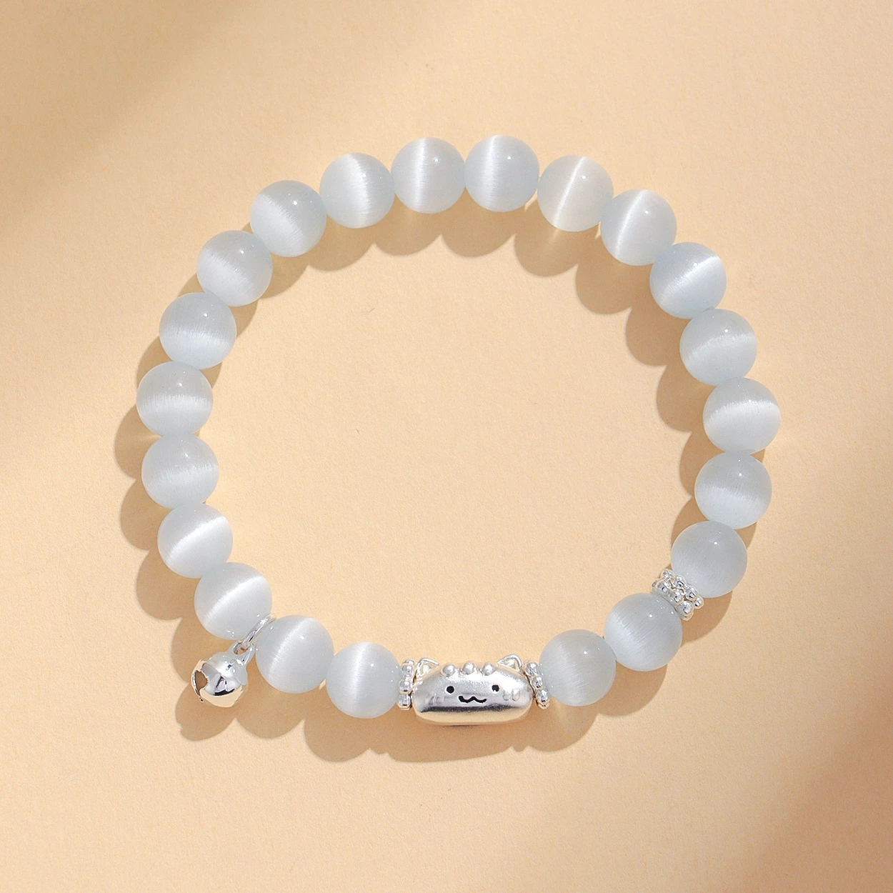 

999 Silver Cat/Small Bell Charm White Cat's Eye Stones/White Agate Beaded Strand Women's Bracelet Bangle Christmas Presents 1632