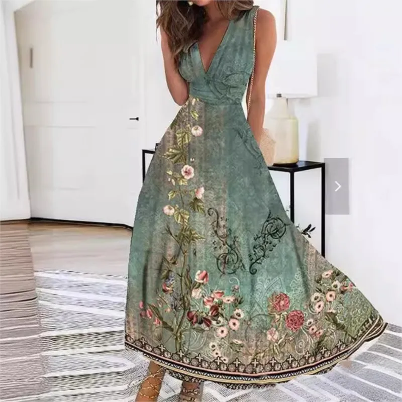 Elegant Flower Print Women Party Dress 2024 Summer New Fresh V-neck High Waist Sleeveless Sexy Evening Dress Robe Femme Vertidos