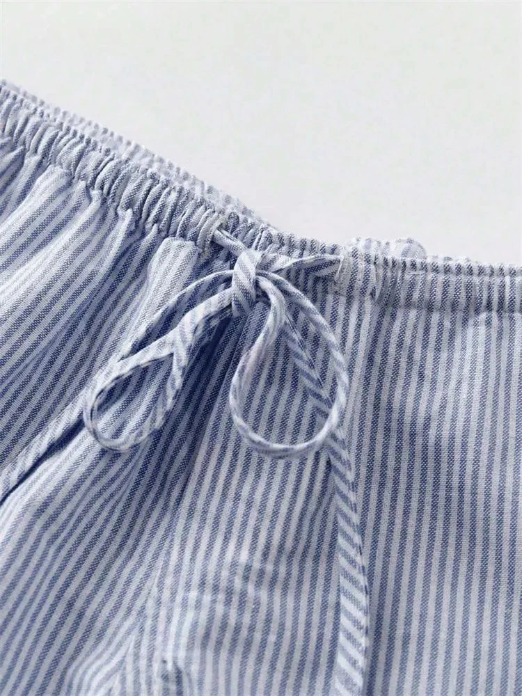 女性ストライプショートパンツ夏用巾着ゴムウエストショーツビーチ服ストリートウェア