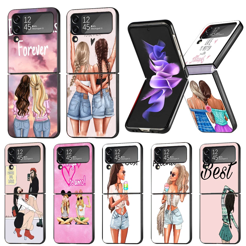 Girls Best Friends Forever BFF Hard Black Cover for Samsung Galaxy Z Flip 4 3 5 5G Phone Case Flip4 Flip3 Flip5 Pattern Luxury