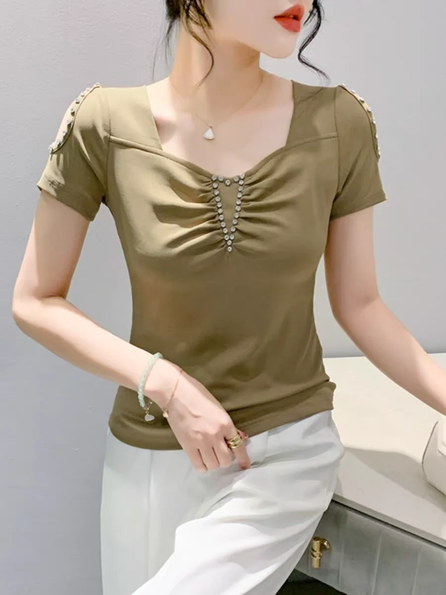 

2024 Summer Cotton T-shirts Women's Folds Square Collar Short Sleeve Tshirt Girl Plain Color Hollow Out Stretchy Top Tee