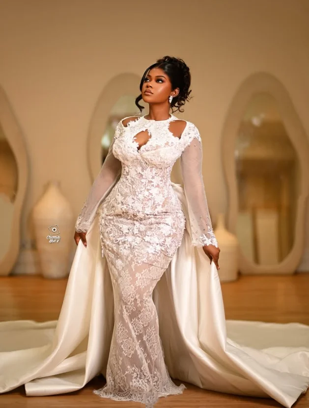 African Modern Mermaid Wedding Dresses with Detachable Train Long Sleeve 3D Floral Castle Church Bridal Gown Outfit custtomized
