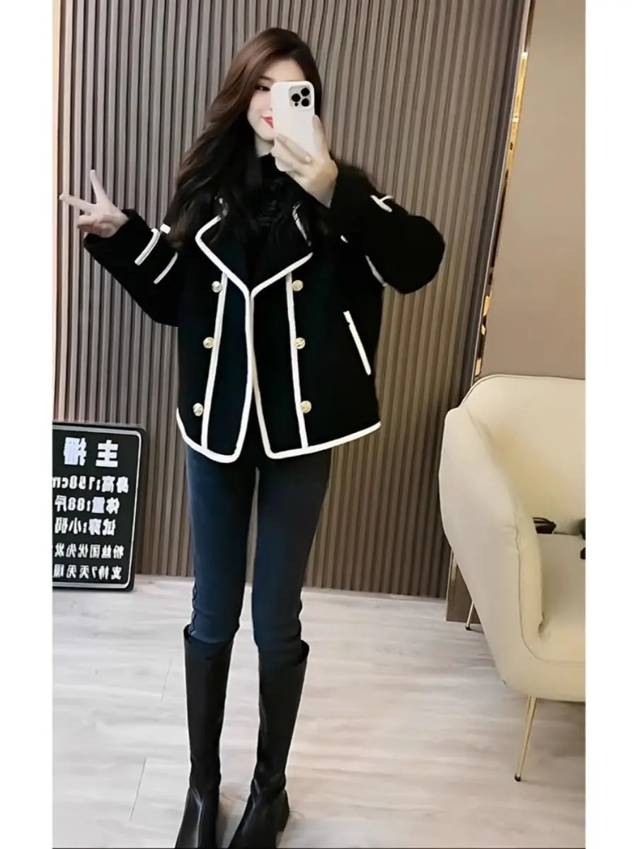 أسود طويل الأكمام الصغيرة عبق نمط صوف الضأن معطف سميك المرأة الخريف الشتاء 2025 جديد مزدوجة الصدر قصيرة نمط قطنية عالية الجودة #3