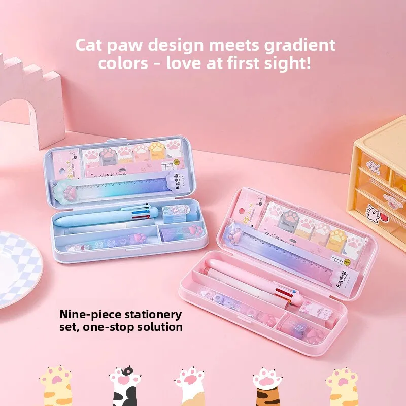 9pcs/Set Gradient Colored Stationery Set Ins Style Gift Box Multifunctional Learning Stationery Combination Student Gift