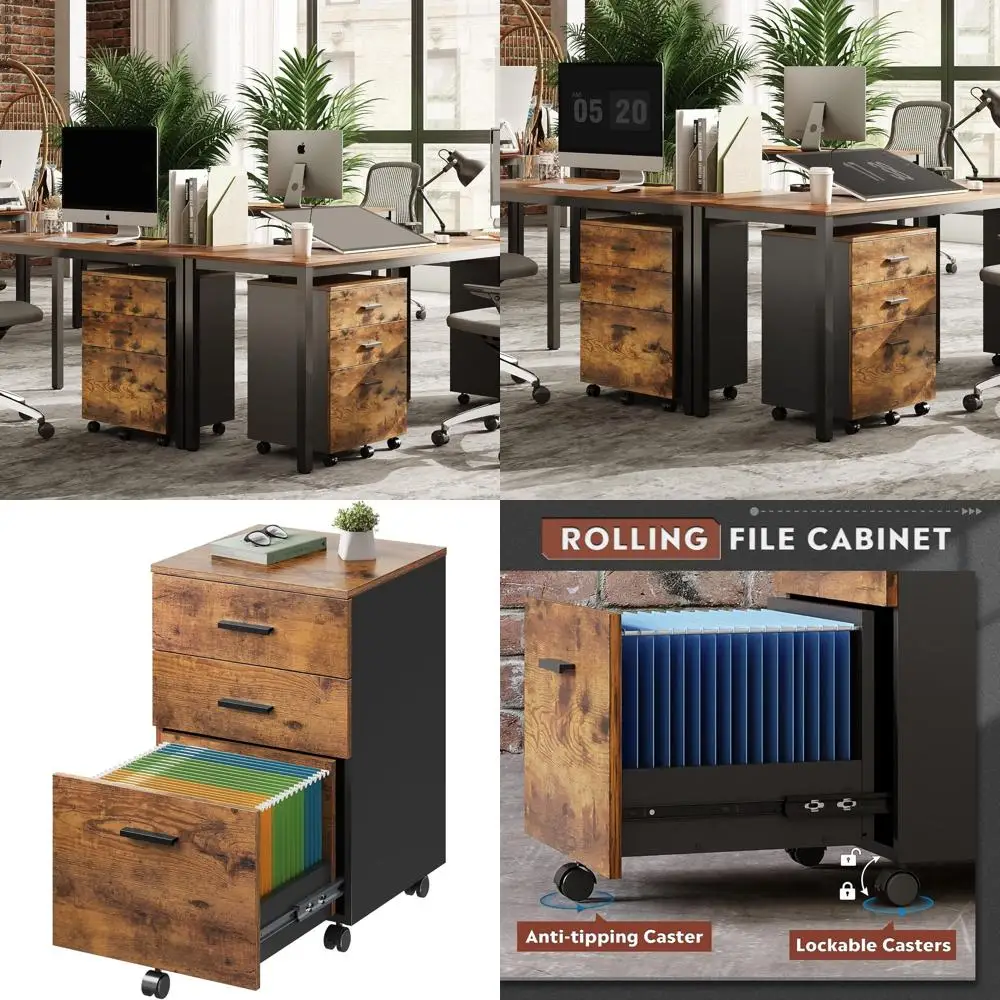 

Rustic Brown Rolling 3-Drawer Wood File Cabinet for Letter/A4 Documents