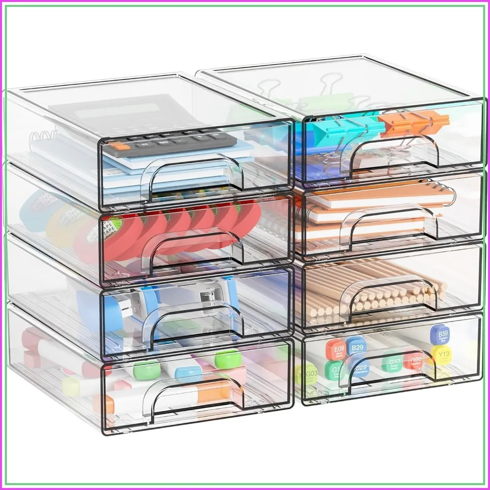 Clear Acrylic Stackable Storage Drawers, 8 Pack Desk Organizer for Makeup, Pens, Art Crafts, 2.2
