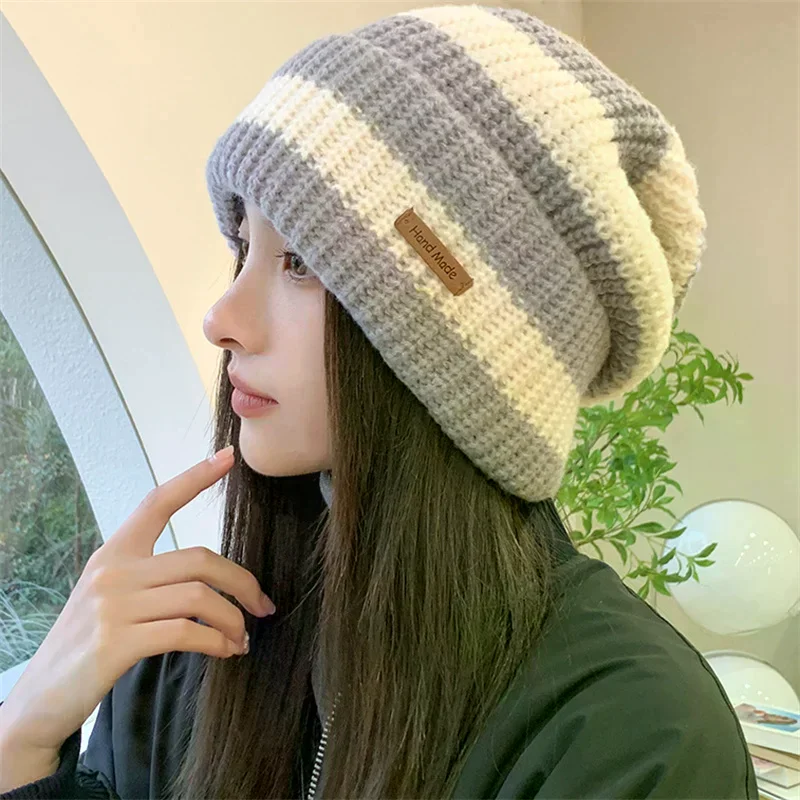 Winter Warm Hats For Women Casual Stacking Knitted Bonnet Caps Men Hats Stripe Hip Hop Unisex Female Beanies