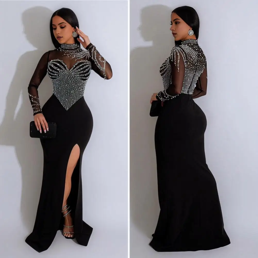 

Womens Gown Dresses 2024 Summer Fashion High Slit Casual Short Sleeve Daily Skinny Maxi Mesh Rhinestones Dress Woman Clothing