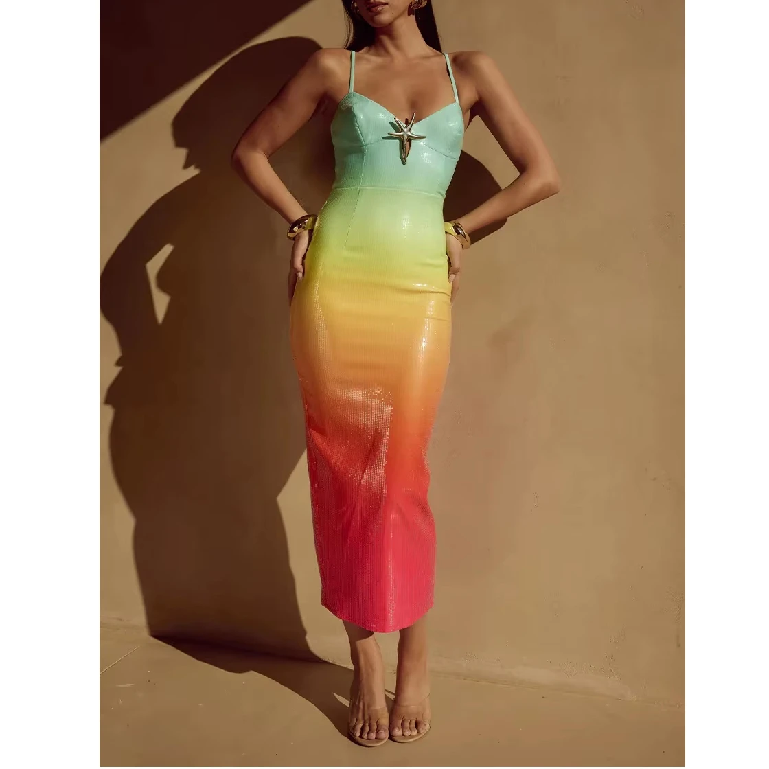 2025 damska patchworkowa sukienka na ramiączkach w gradientowym kolorze 3D rozgwiazda bez rękawów Spaghetti pasek dekolt w serek obcisła długa sukienka