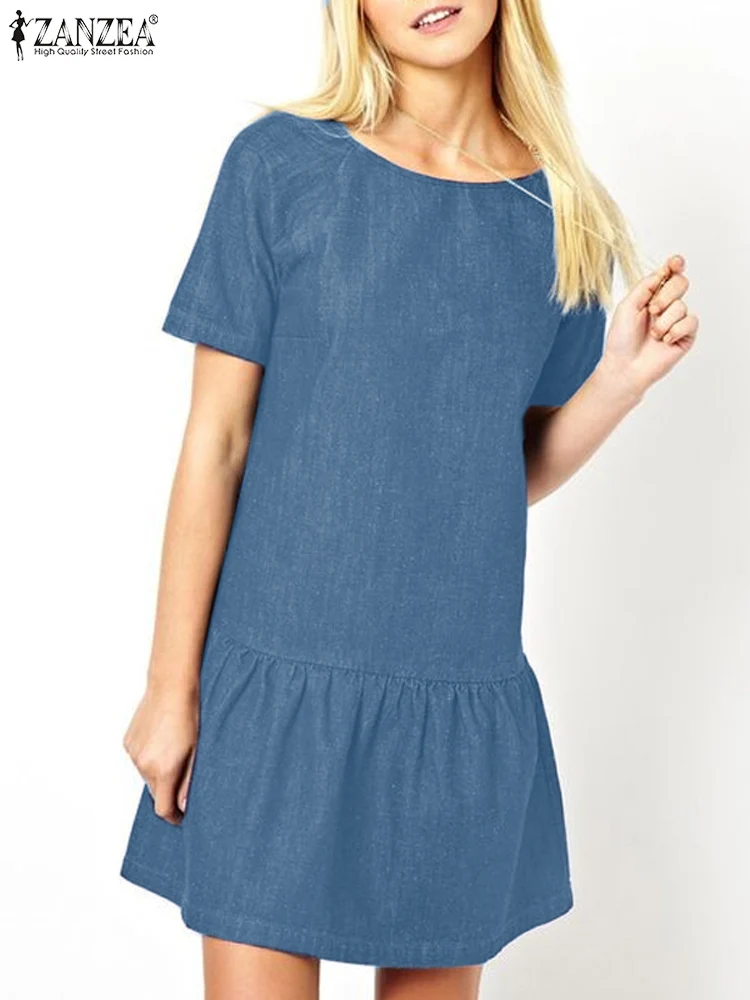 

ZANZEA Denim Short Sleeve Sundress Casual Daily Solid 2024 Summer Short Vestidos O Neck Fashion Women Ruffled Hem Mini Dress