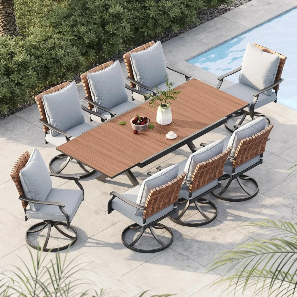 

9-Piece Outdoor Dining Set,8Leather-Look Wicker Swivel Patio Chairs &1 Extendable Rectangular Dining Table,Outdoor Furniture Set