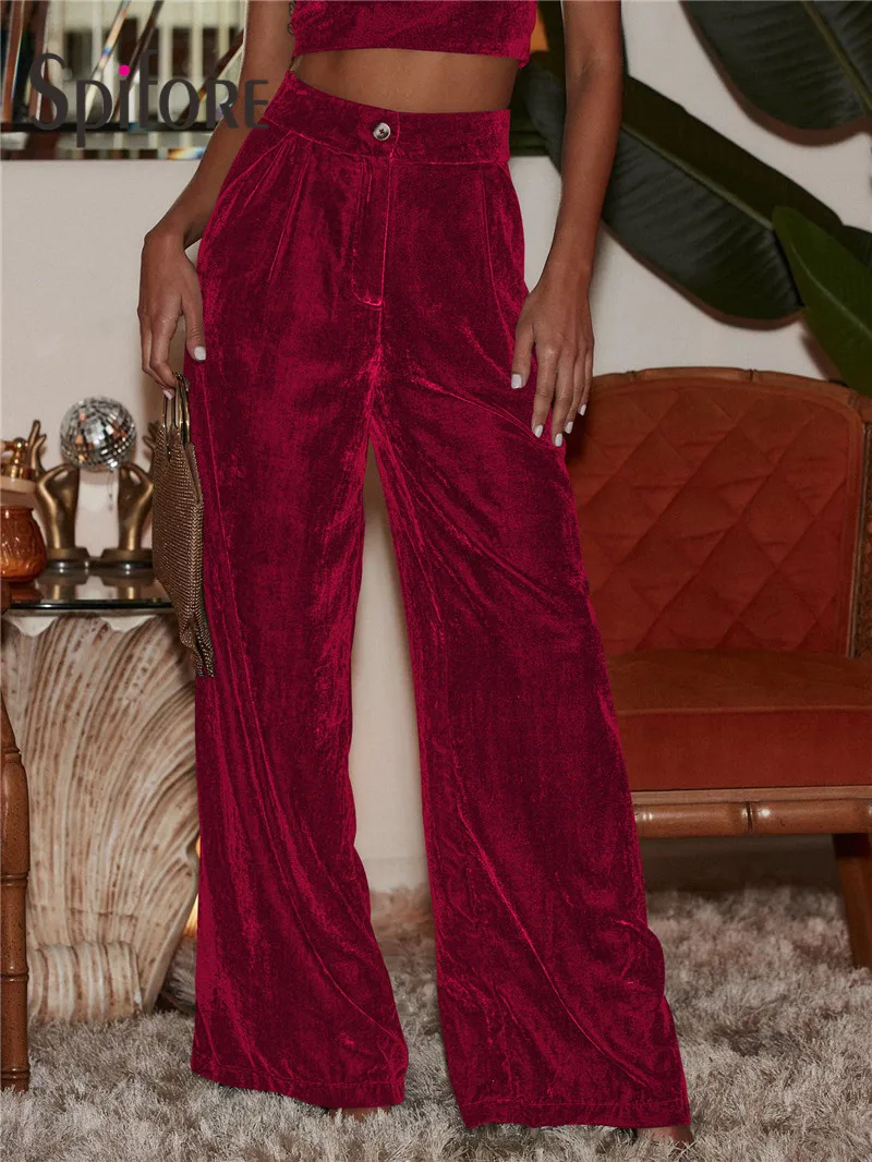 

Spifore Elegant High Waist Women Velvet Pants Fashion Streetwear Pockets Casual Trousers Autumn Winter Solid Wide Leg Pants
