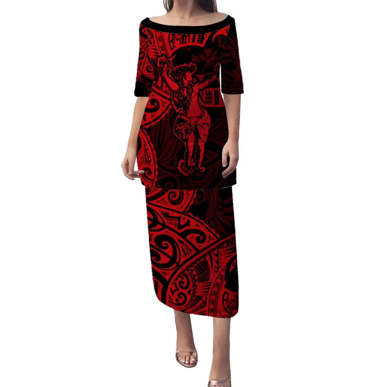 

Hawaii Hula Girl Red Puletasi Polynesia Style Women Tribal Designs Long Dress Wholesale POD Custom Clothing Church Maxi Dresses