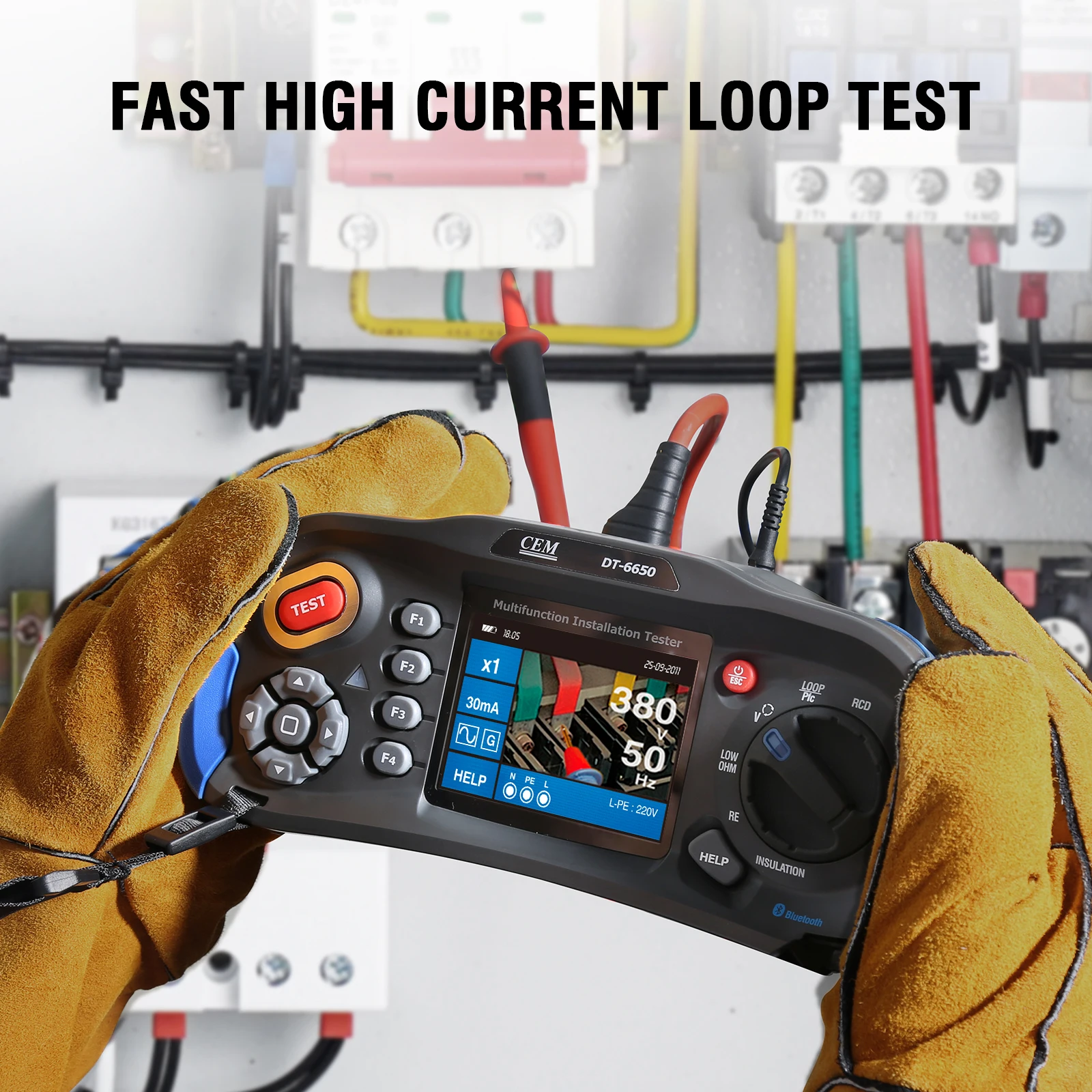 Tester di installazione multifunzione CEM DT-6650 con resistenza di isolamento, resistenza di terra, impedenza di Loop, tensione, RCD, PFG PSC