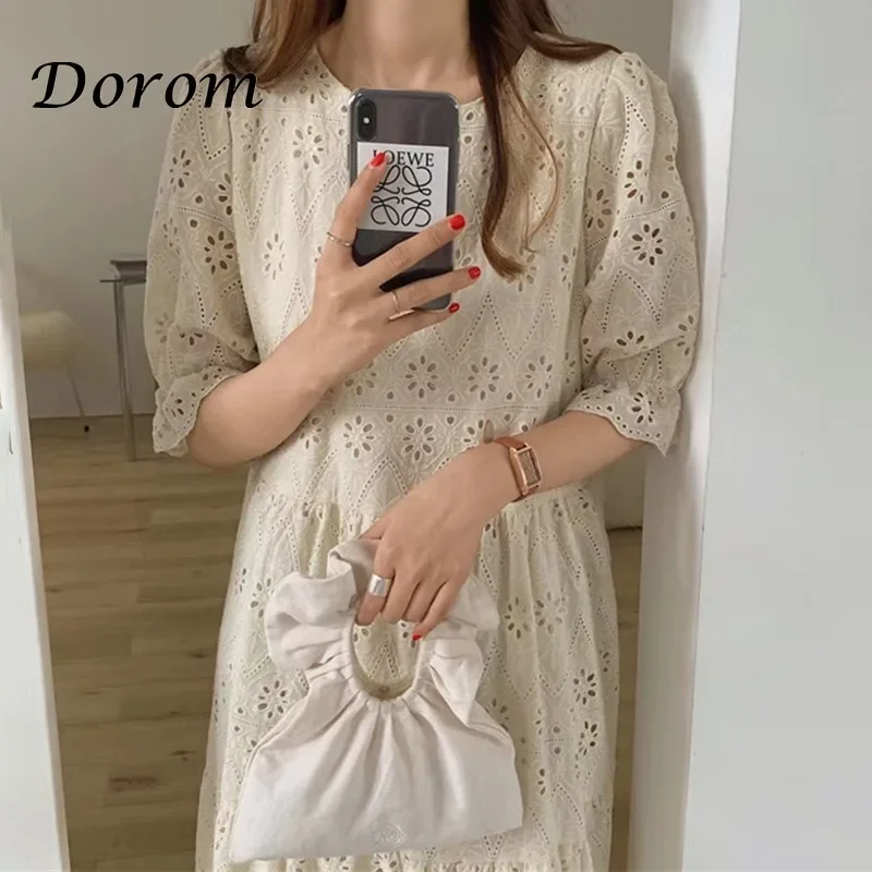 Vintage Embroidery Hollow Out Dress Women Summer Korean Style Peter Pan Collar Lolita Dress Elegant French A-line Party Vestidos