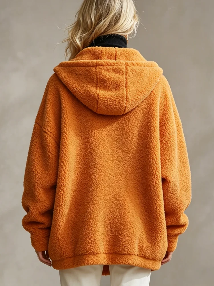 Women Loose Teddy Fleece Coat Hooded Zip Up Solid Orange Warm Sherpa Outerwear Fall Winter Daily Street Casual Jacket