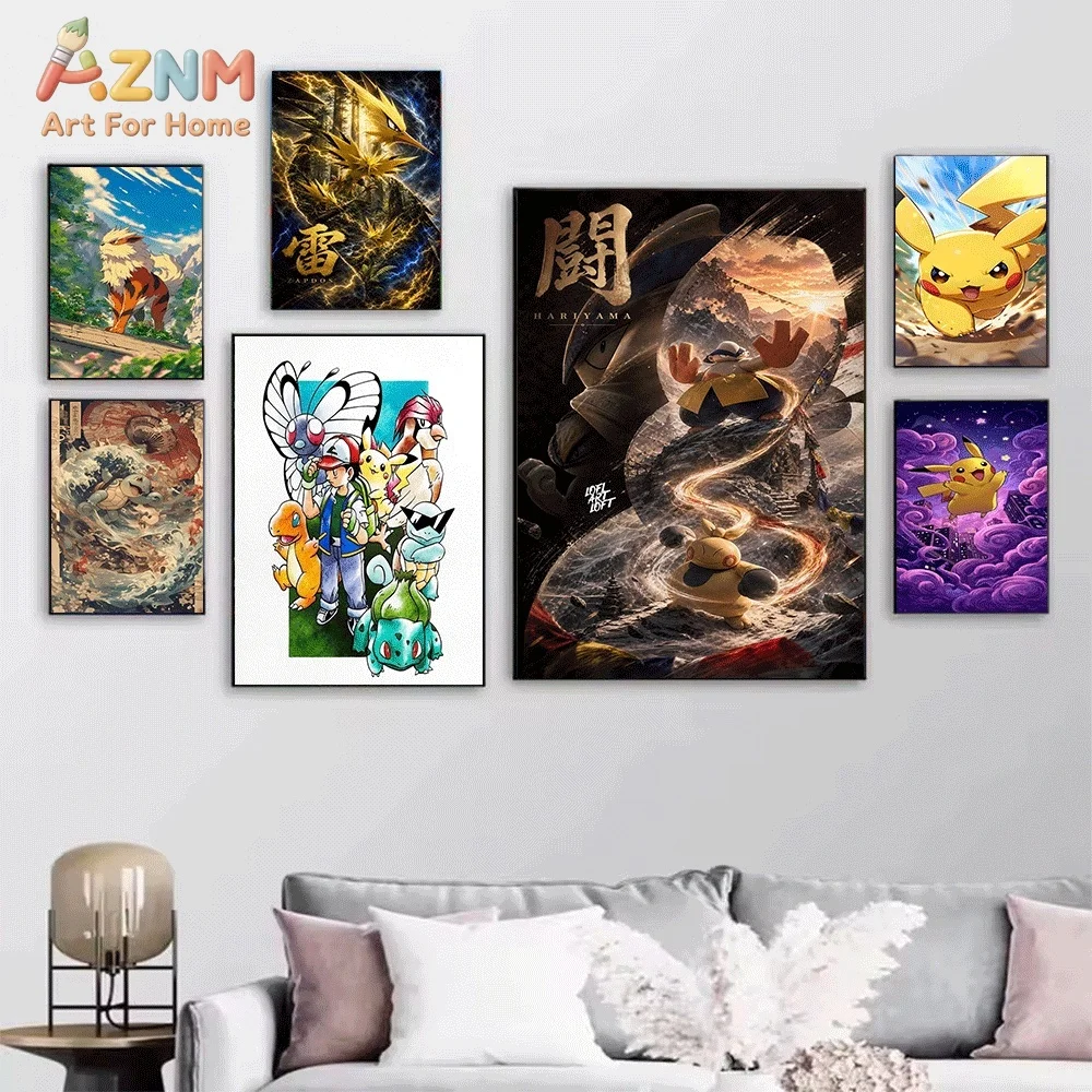 Anime Pokemon Ash Ketchum Team Canvas Wall Art, Trainer And Pocket Monster Cartoon Frameless Canvas Painting for Kids Bedroom