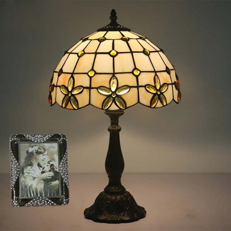 Lilac Flower Table Lamp Tiffany Stained Glass Home Art Decor Mediterranean Indoor Lighting Fixture Bedroom Bedside Desk Lights