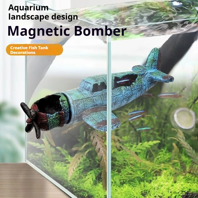 

Magnetic airplane fish tank scenery, underwater sunken ship wreckage decoration, submarine ornament fish and shrimp shelter