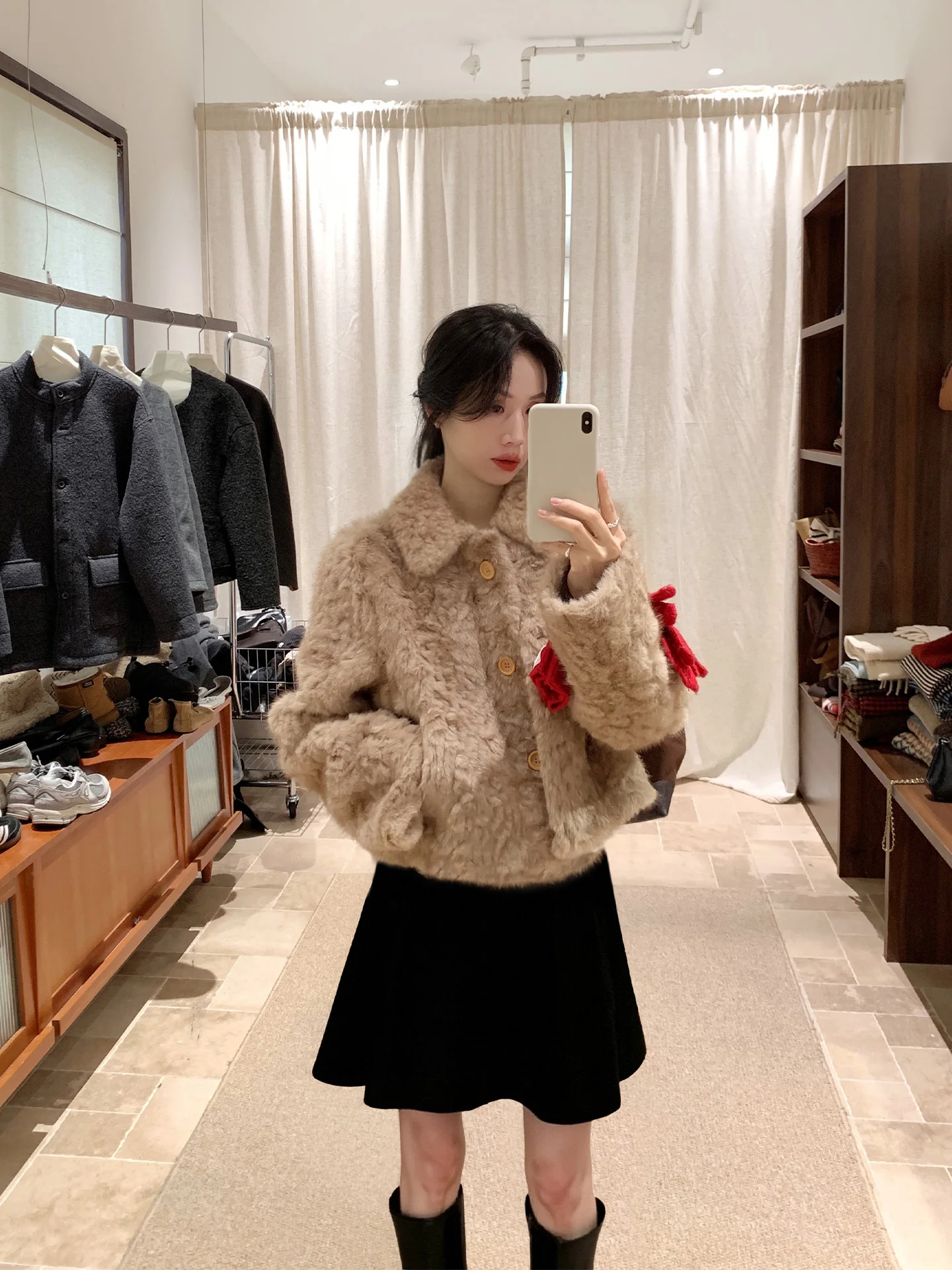 

Женское пальто из меха и кожи Ele ort, застежка на пуговицы, длинный свек, дизайн с высокой талией, эффект похудения, экологически чистый