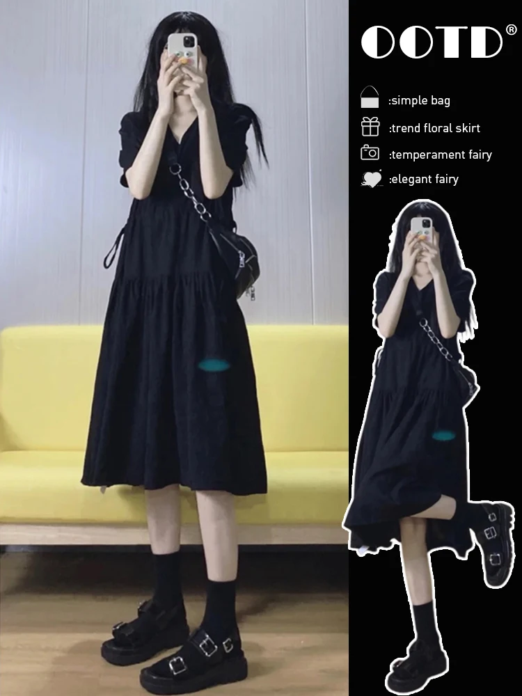 

2024 Summer New French Black V-Neck Dress for Women, High-end Hepburn Style Long Women's Dress