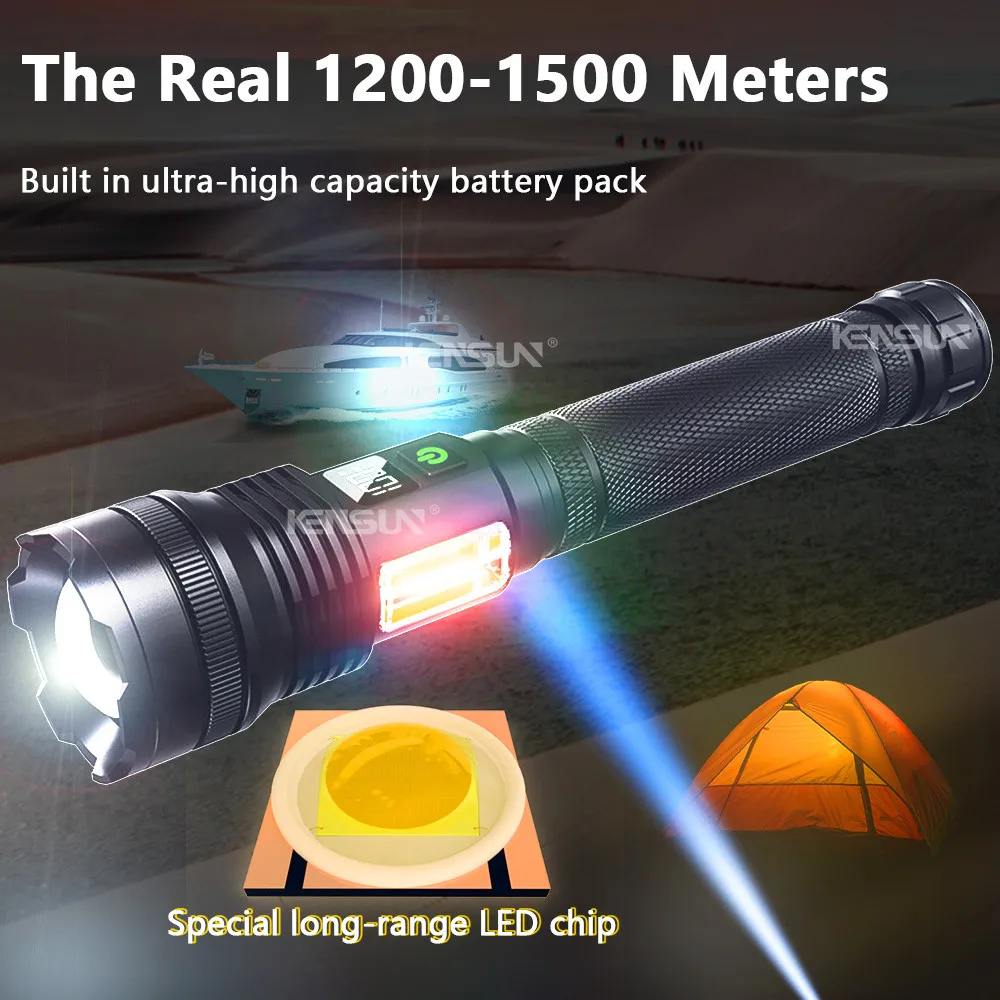 Powerful Spotlight Long Range LED Flashlight Type-C Rechargeable Telescopic Zoom Focusing Spotlight Lamp Super Bright Tactical