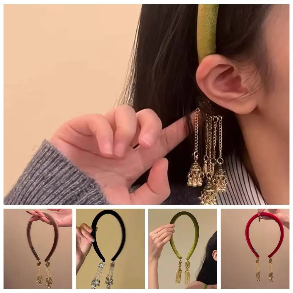 

Elegant Alloy Bell Tassel Hairband Flocking Shiny Vintage Hair Hoop Jewelry Fake Earrings Ethnic Style Headband Party
