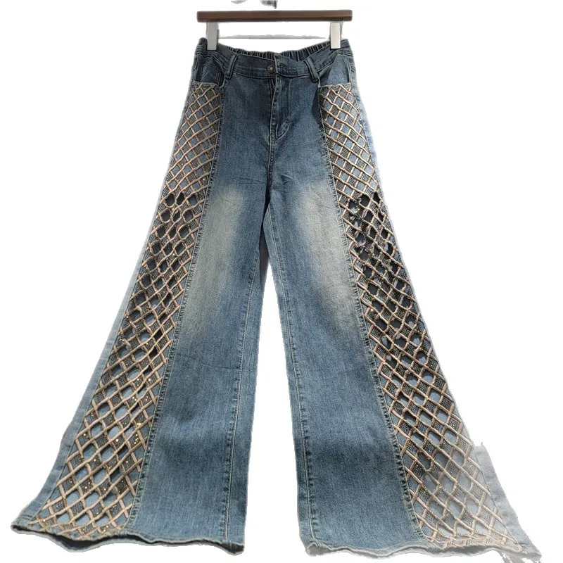 Trendy New Spring Autumn Hollow Out Grid Diamonds Wide Leg Jeans for Women High Waist Mopping Floor Casual Straight Denim Pants