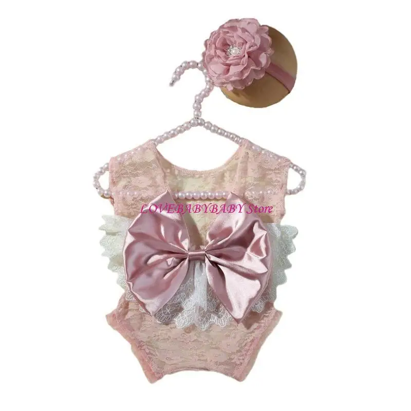 Newborns Photography Outfit Set Including Large Bowknot Romper and Headband Set 4XBC