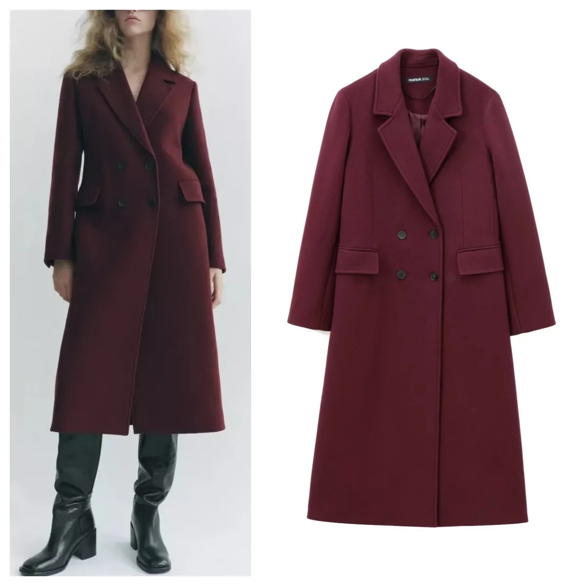 French Hepburn style lapel double-breasted wool blend coat jacket women's autumn and winter long high-end coat