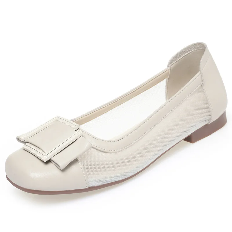 ビッグサイズ-41-42-43-浅履き-オールマッチ-快適-メッシュ-レザーシューズ-レディース-フラットシューズ-2025-夏-秋-スクエアヒール-ローファー-ワーク-ママ