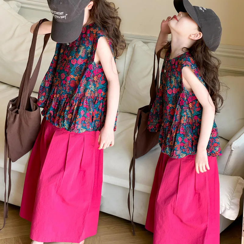 

Girls Blouse 2024 Summer New Childrens Clothing Korean Style Foreign Style Childrens Summer Floral Vest Leisure Simple