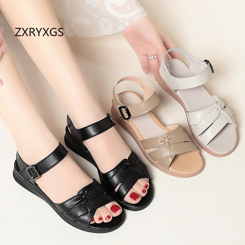 ZXRYXGS 2026 Promotion Genuine Leather Open Toe Sandals Large Size Women Summer Sandals Roman Shoes Comfortable Flat Sandals