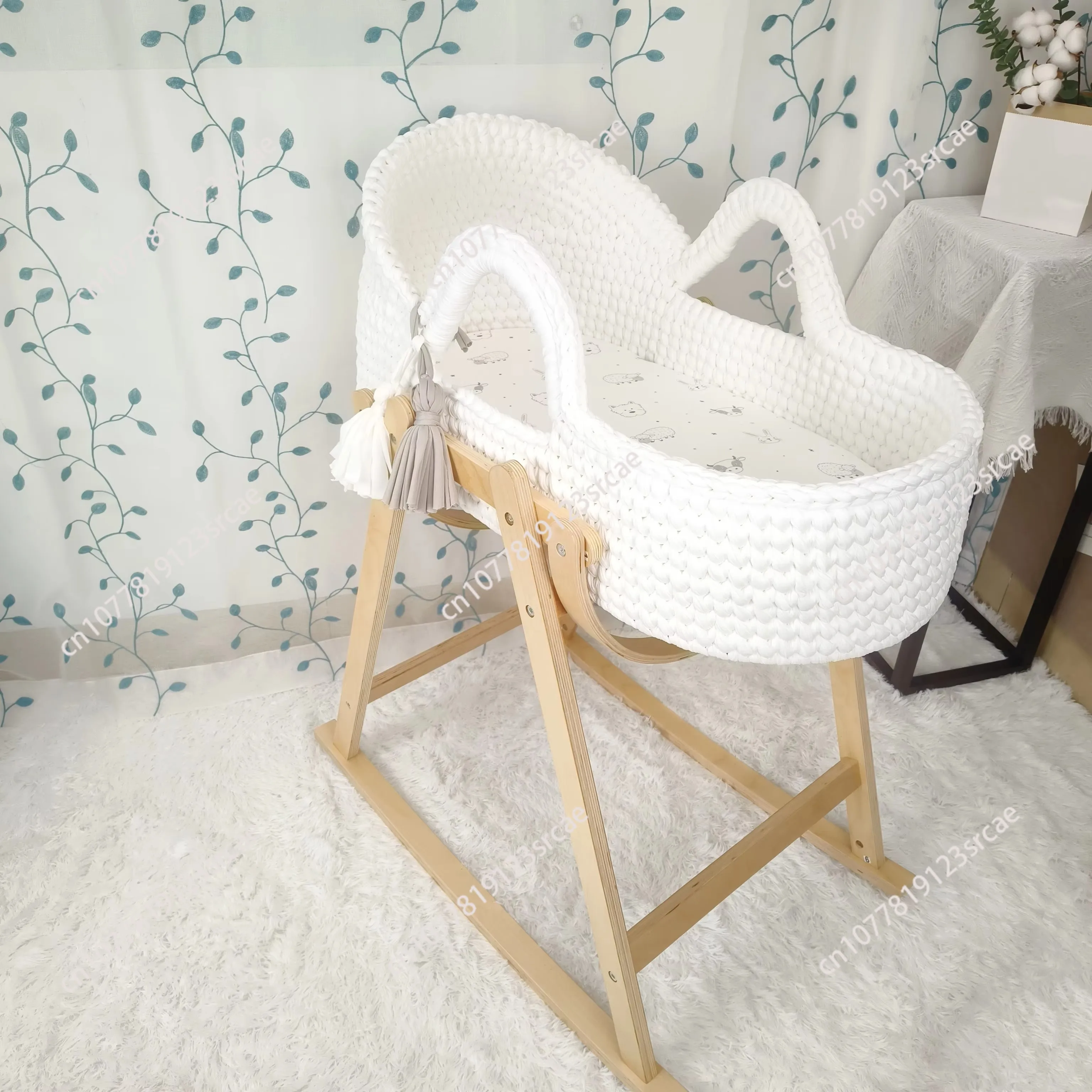 مهد الطفل المنسوجة يدويا البيج الكروشيه السرير المحمولة موسى سلة الوليد المتسكع مع حامل خشبي ومرتبة ناعمة