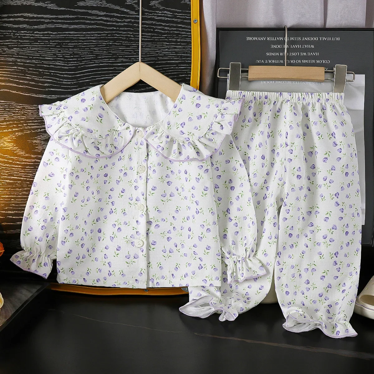 Girls Summer Thin Pajamas Set Homewear Kids Cute Cartoon Floral Long Sleeve Lapel Loose Sleepwear Baby Girl Leisure Loungewear