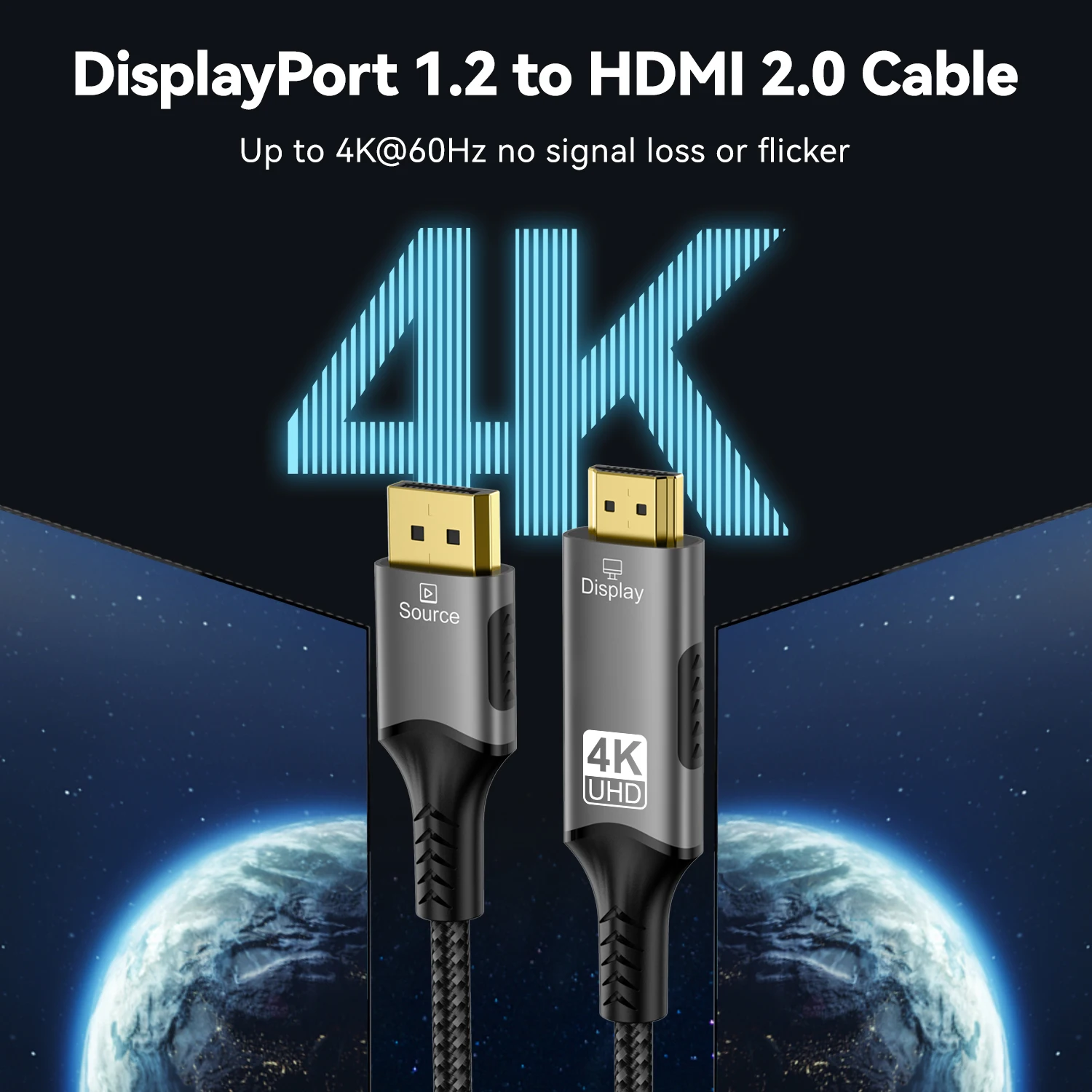 4K DisplayPort to HDMI Cable Adapter 3FT High Speed 2K@120Hz Uni-Directional DP to HDMI Cord for Dell HP Insignia Samsung