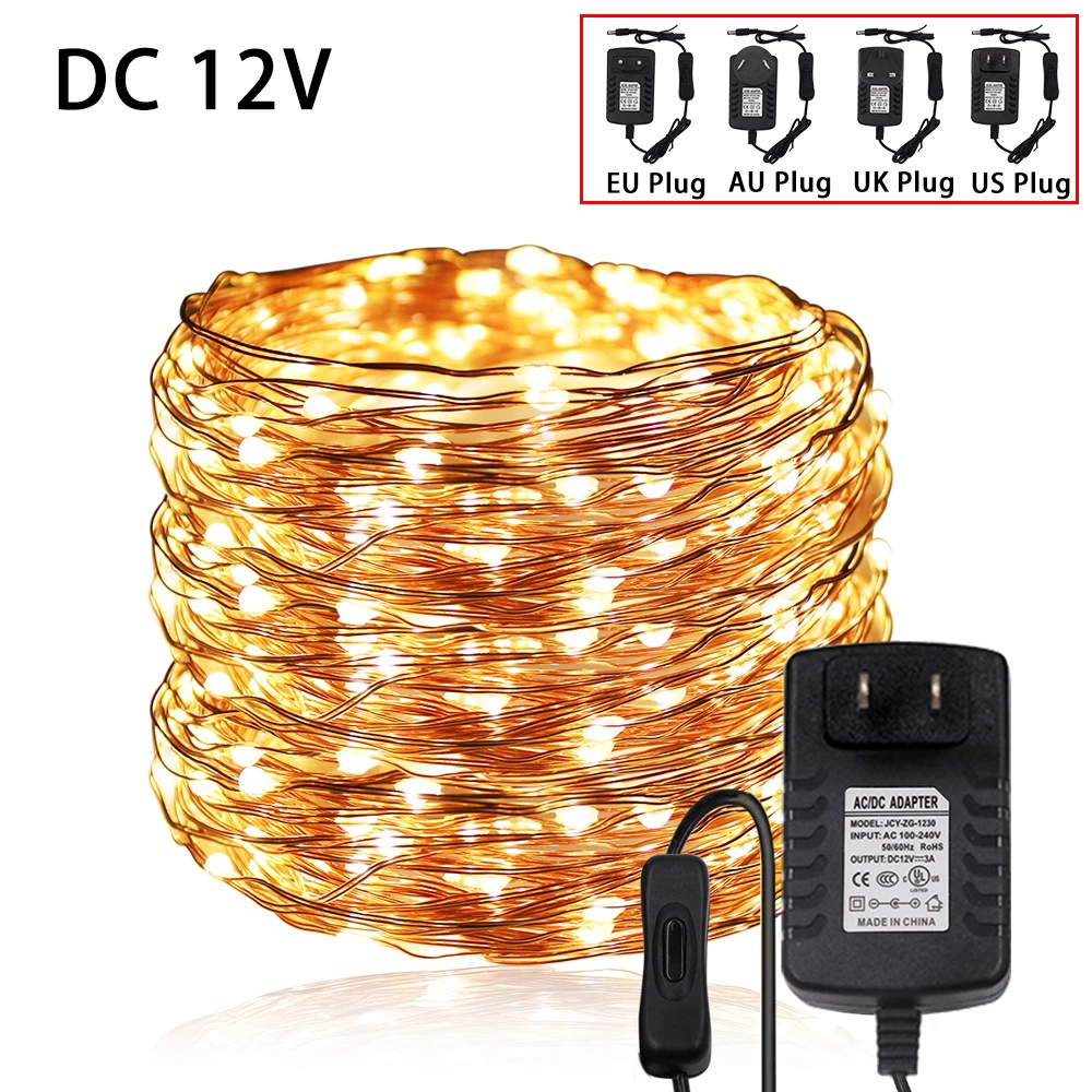 คริสต์มาส LED หลอดไฟประดับแบบสาย DC 12V ทองแดงสายไฟ Fairy Light Holiday กลางแจ้ง Xmas โคมไฟที่มีสวิทช์ EU/UK/AU/US ปลั๊ก